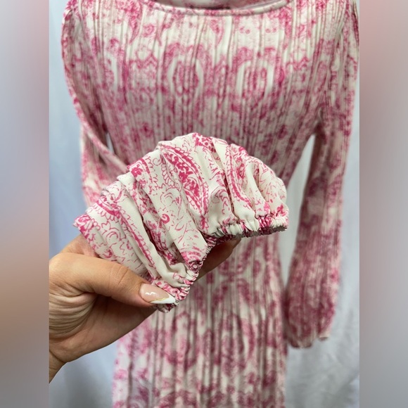 Maje pink printed pleated mini dress with long sleeves size 3 / XL - Picture 4 of 11